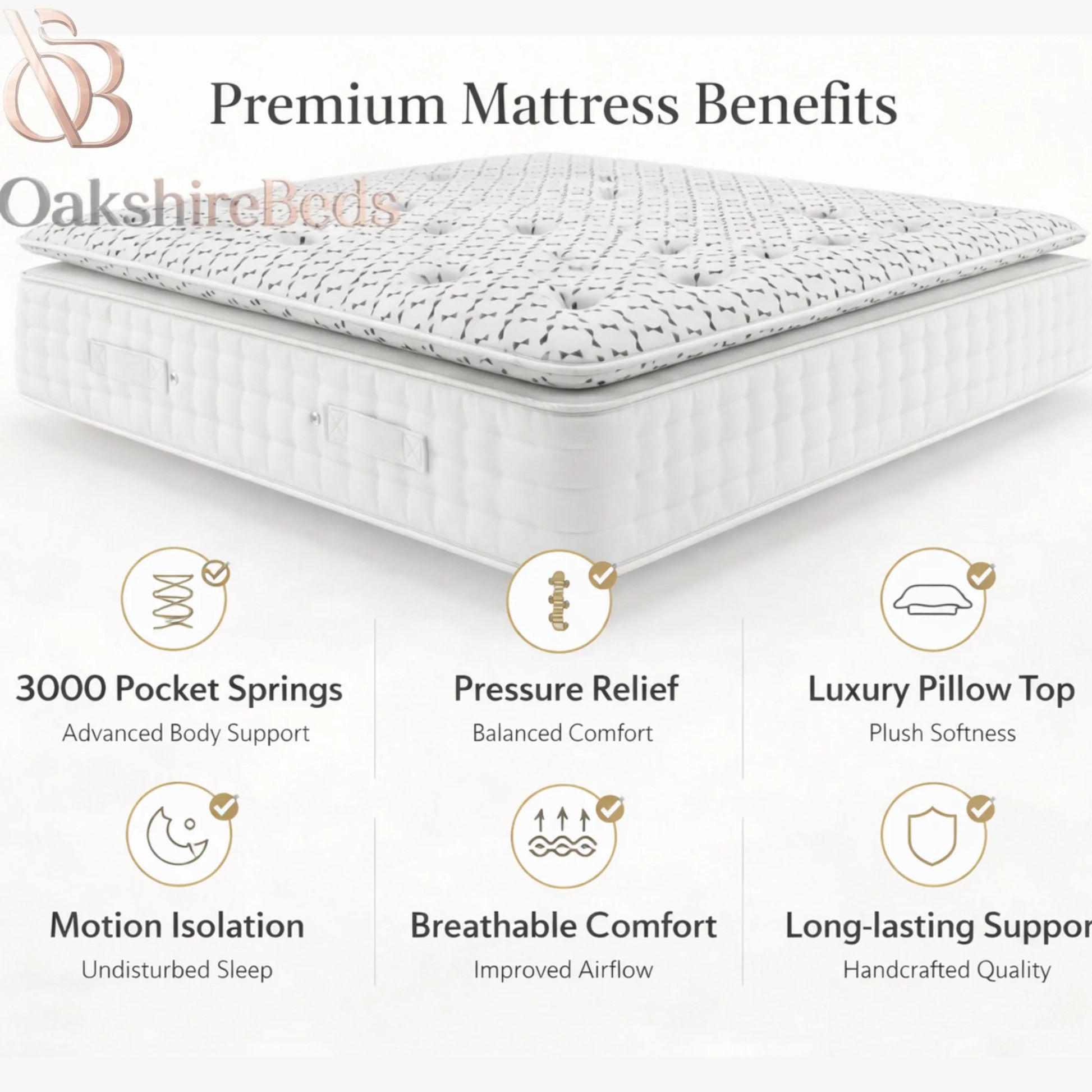 A luxury hotel quality mattress styled in a modern UK bedroom setting, demonstrating the premium height and elegant aesthetic.features benefit