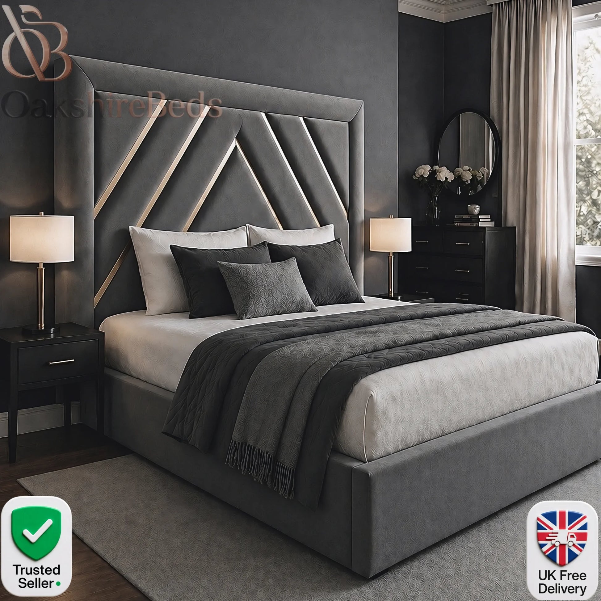 Zaria trim storage bed UK modern upholstered bed with gold trim 60 inch headboard OakshireBeds