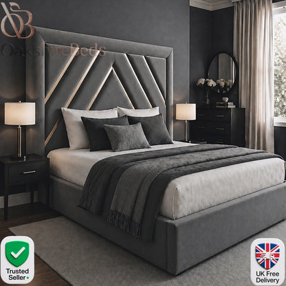 Zaria trim storage bed UK modern upholstered bed with gold trim 60 inch headboard OakshireBeds
