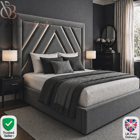 Zaria trim storage bed UK modern upholstered bed with gold trim 60 inch headboard OakshireBeds