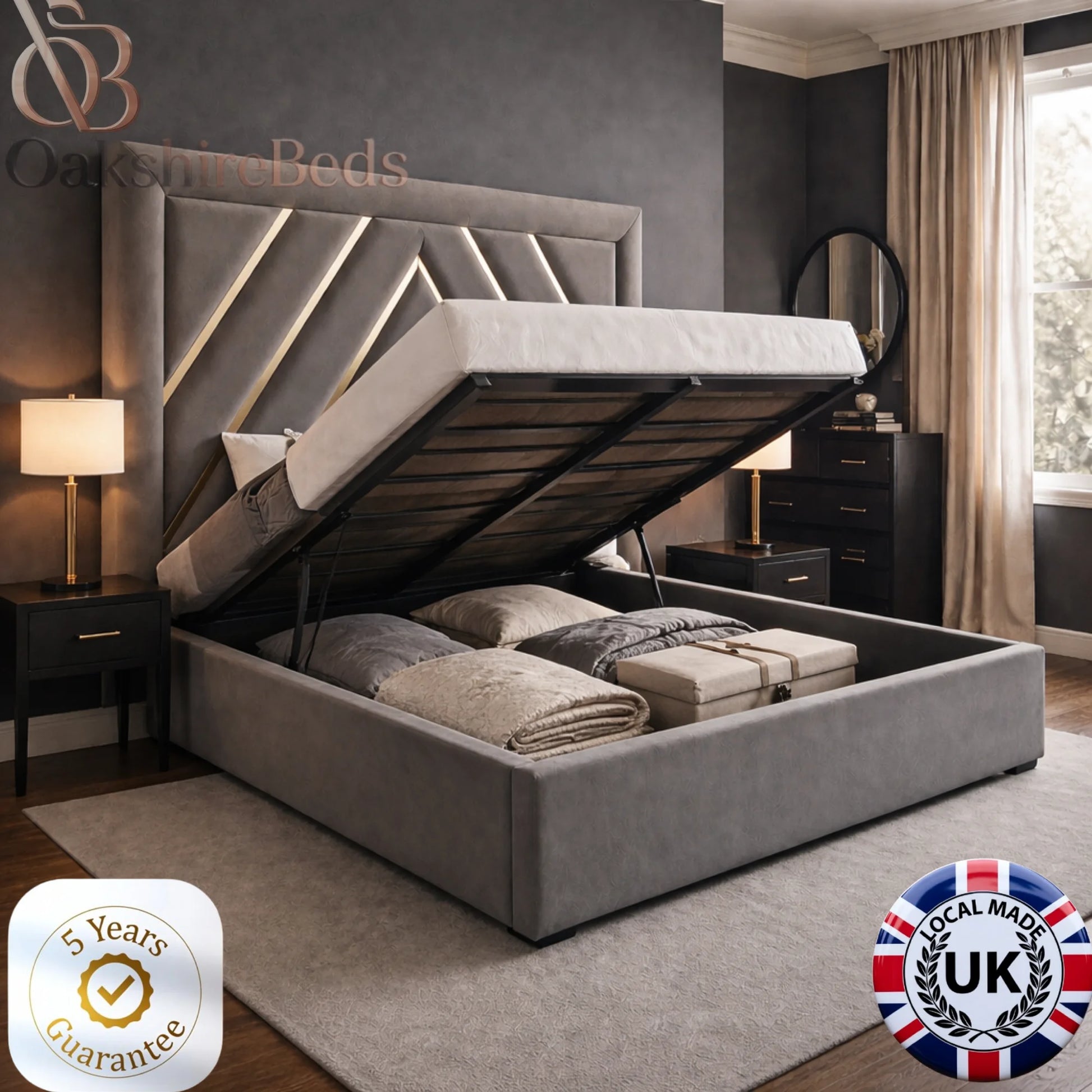 Zaria storage bed ottoman lift mechanism heavy duty frame upholstered beds UK OakshireBeds