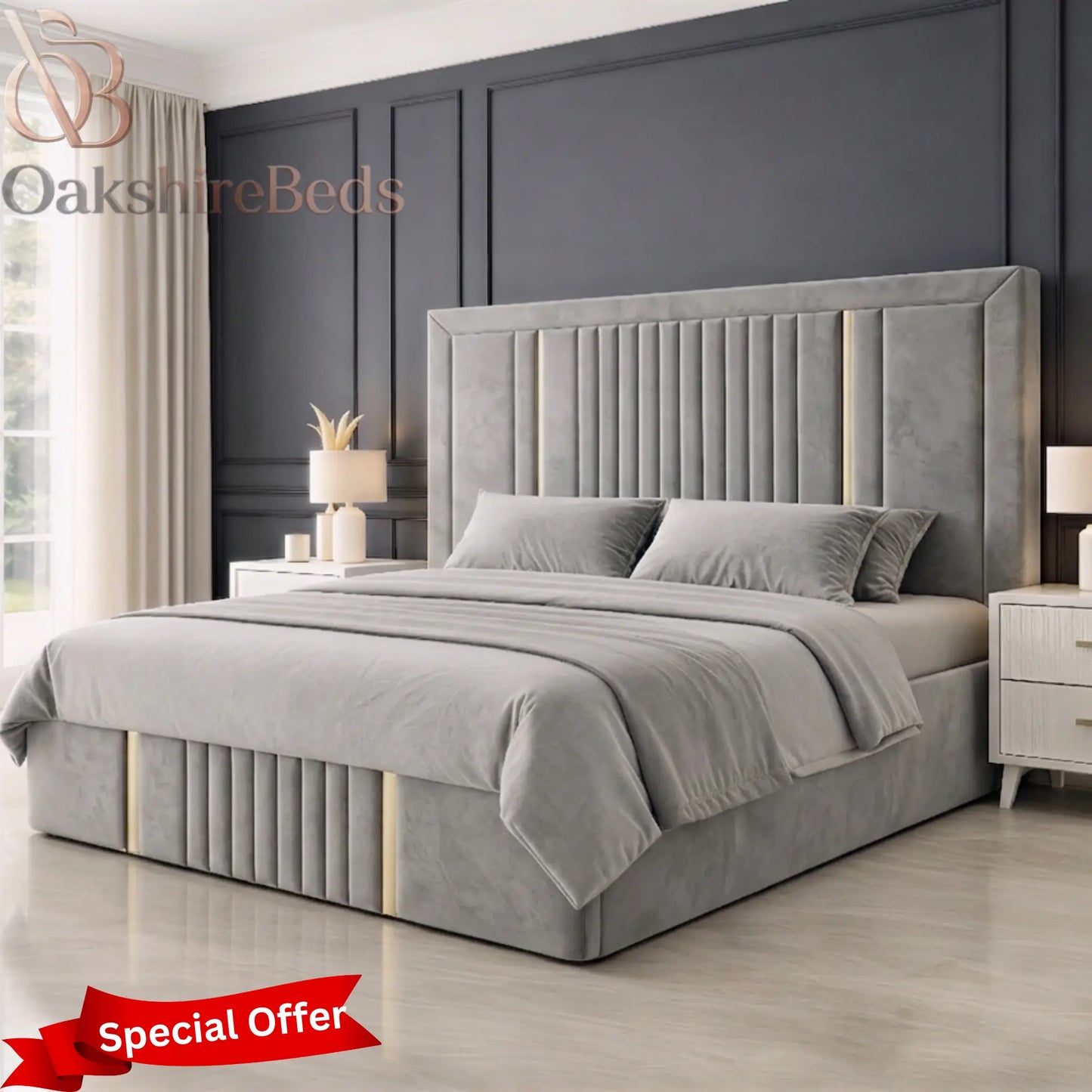 Modern Zeno Roise trimline bed UK with luxury upholstered fabric, reinforced frame and elegant trim design