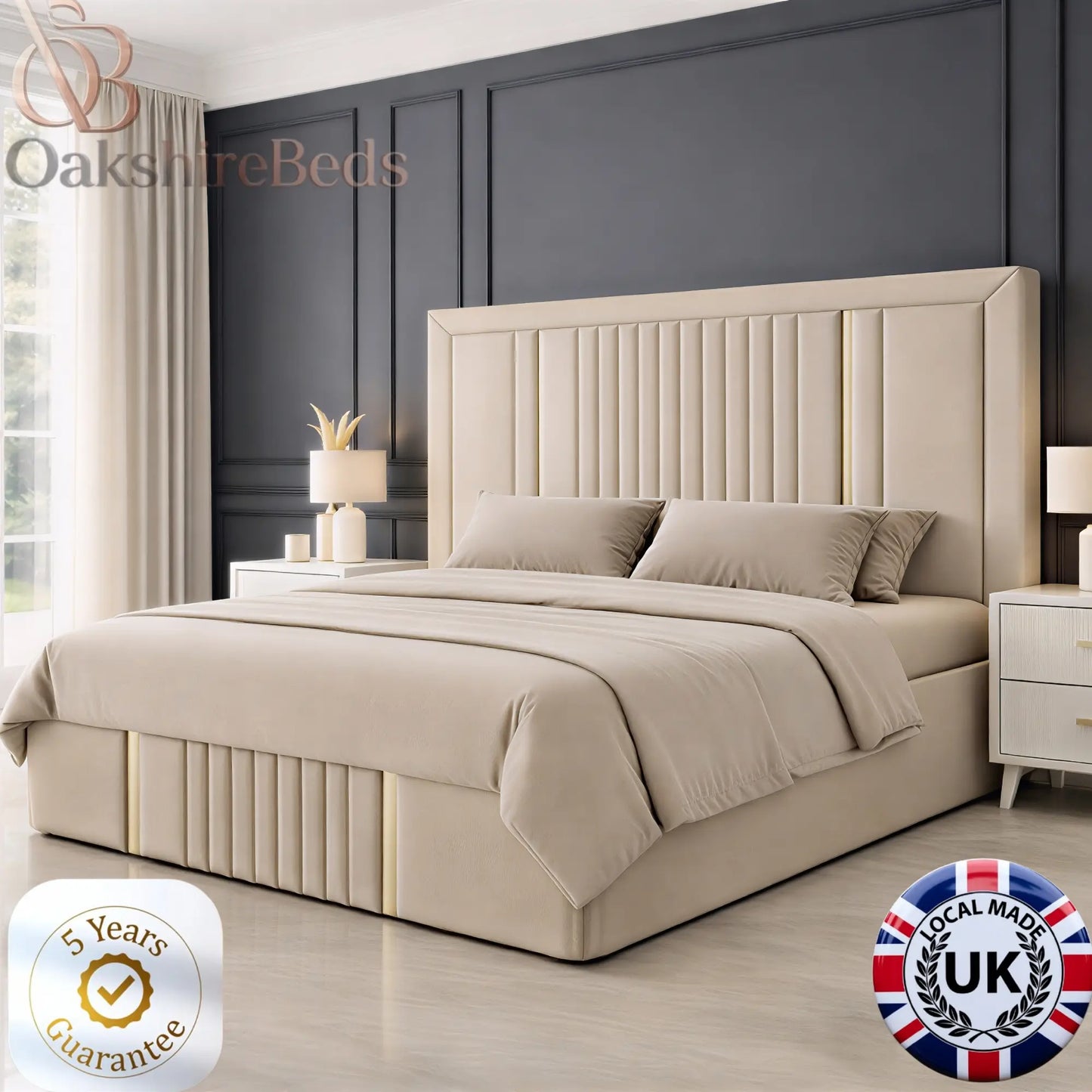 Zeno Roise trim bed 12 inch footboard with silver trim finish and strong upholstered bed frame UK