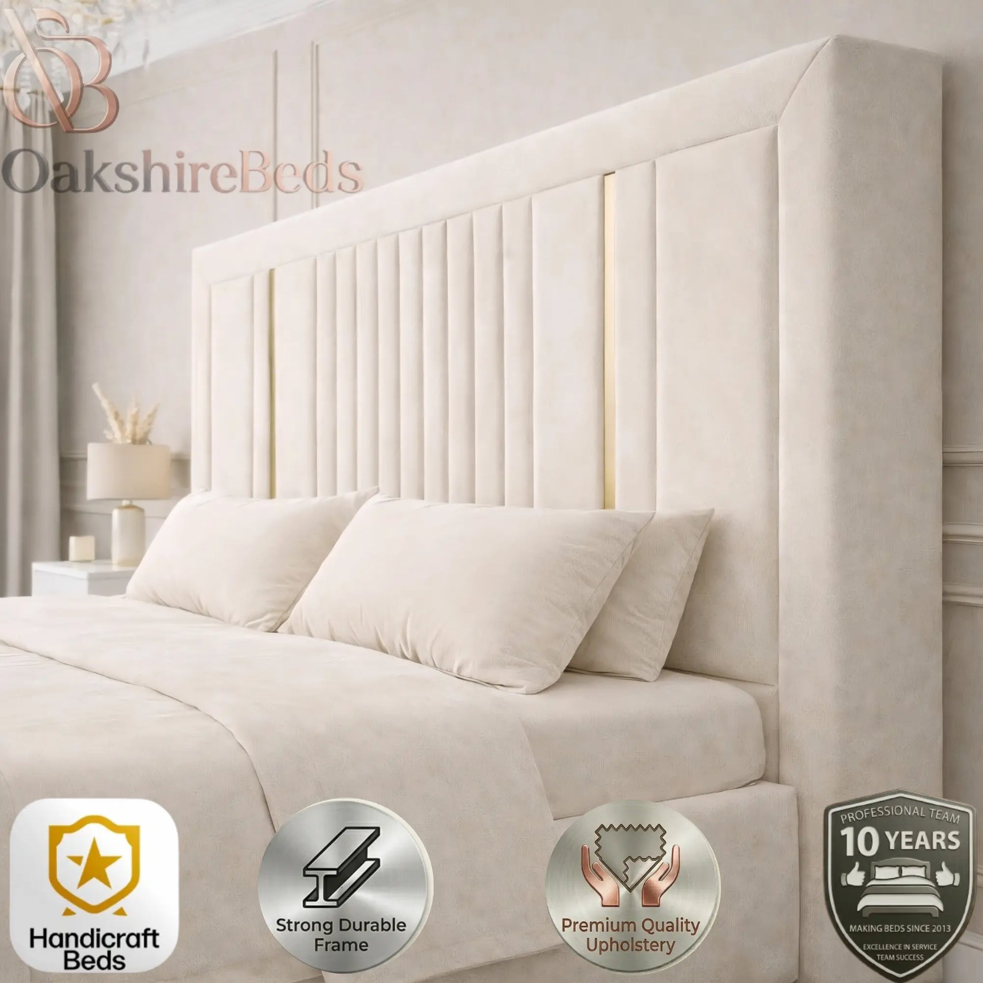 Zeno Roise bed thick padded upholstered headboard with premium fabric and luxury gold trim detail