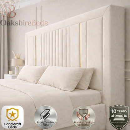 Zeno Roise bed thick padded upholstered headboard with premium fabric and luxury gold trim detail