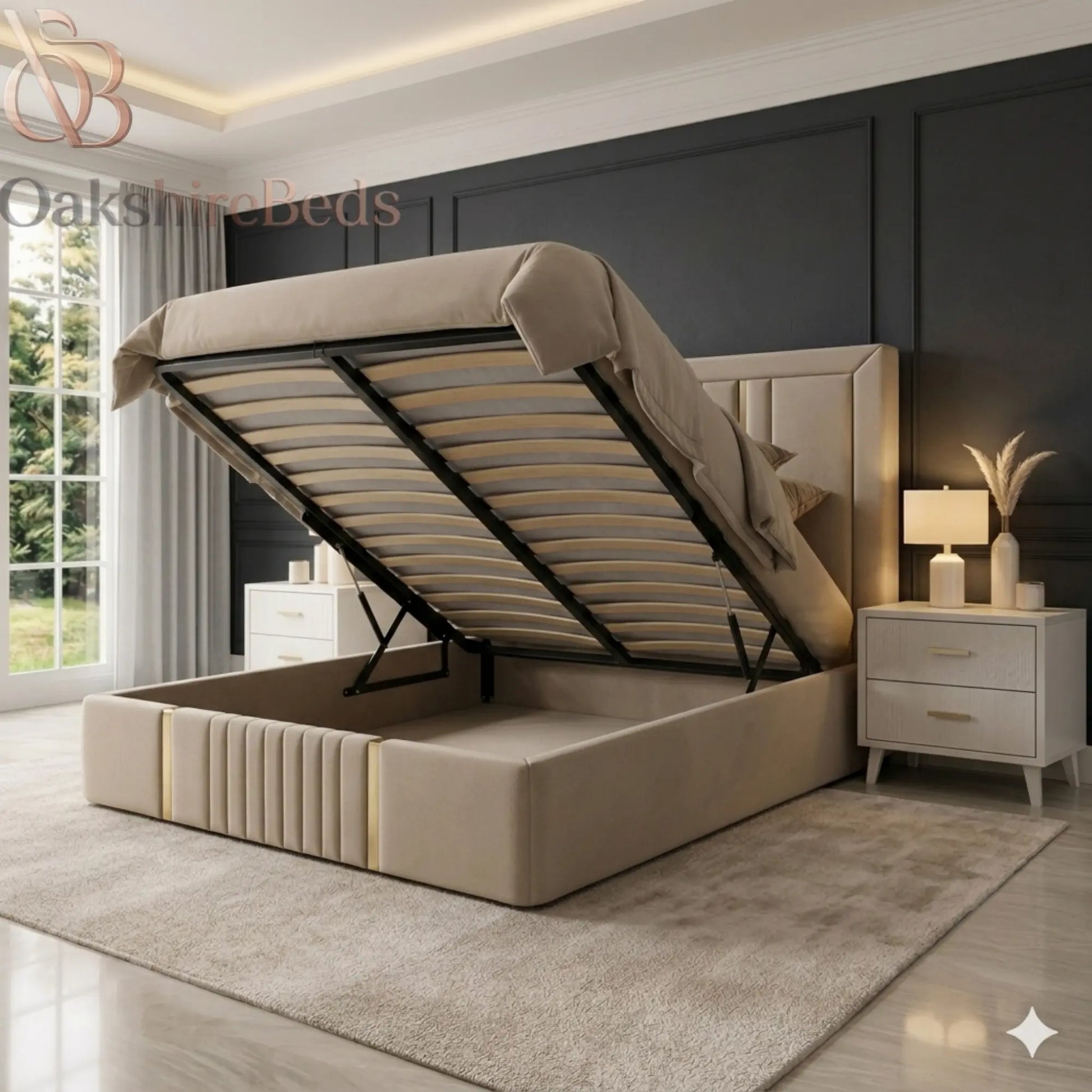 Heavy duty Zeno Roise upholstered bed frame with premium materials and durable handmade construction UK