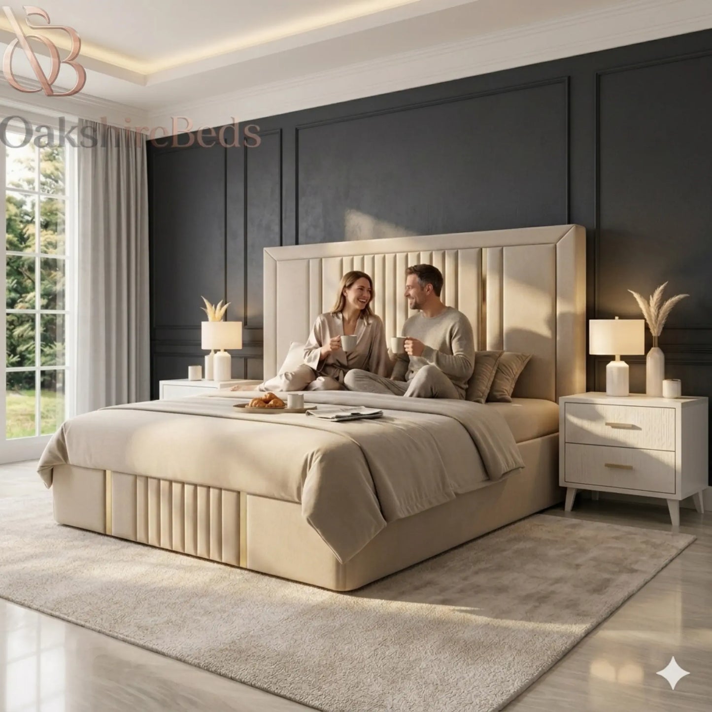 Zeno Roise luxury bed with silver trim finish, modern upholstered bed frame with premium craftsmanship UK