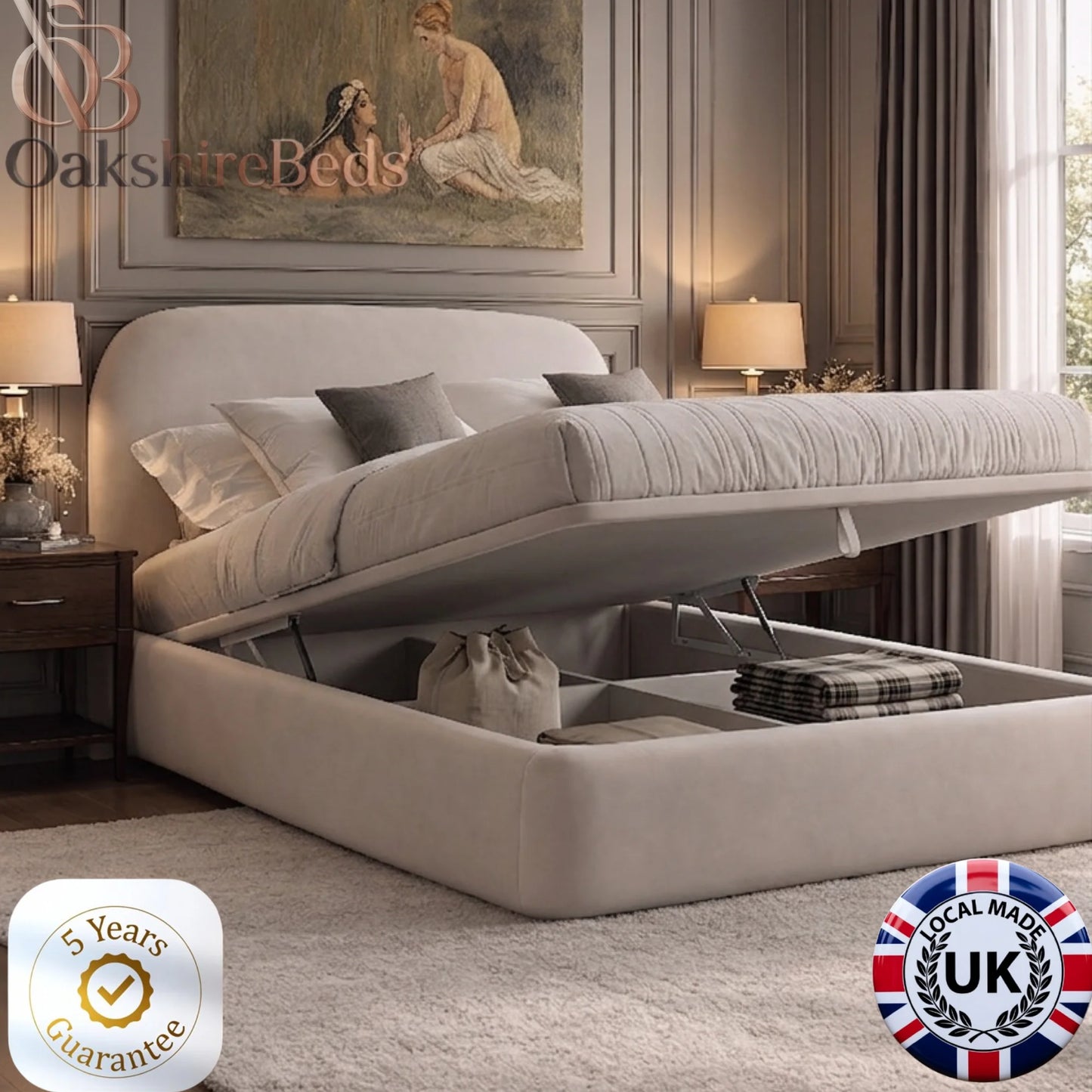 Zerra Bouclé Bed – Cream Bouclé Upholstered Ottoman Storage Bed | OakshireBeds UK