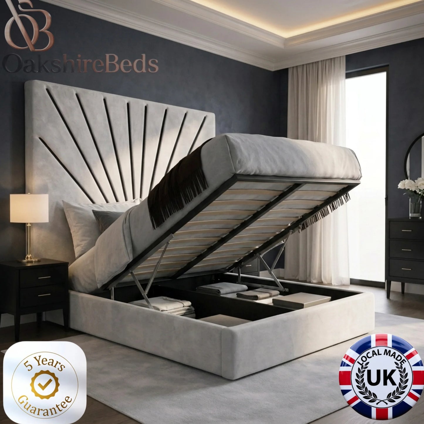 Zofia Bed ottoman storage option with hidden underbed storage and upholstered frame