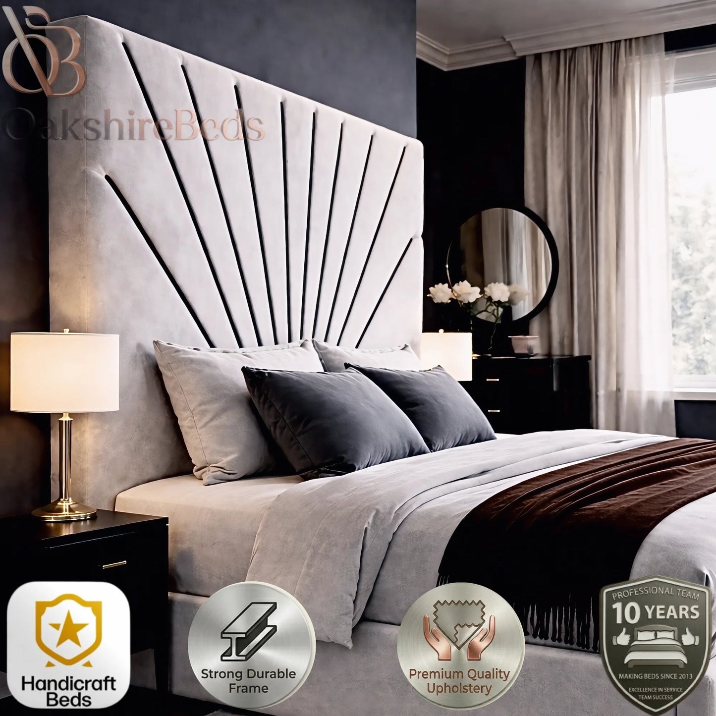 Zofia Bed close-up showing thick padded headboard and premium black trim detailing