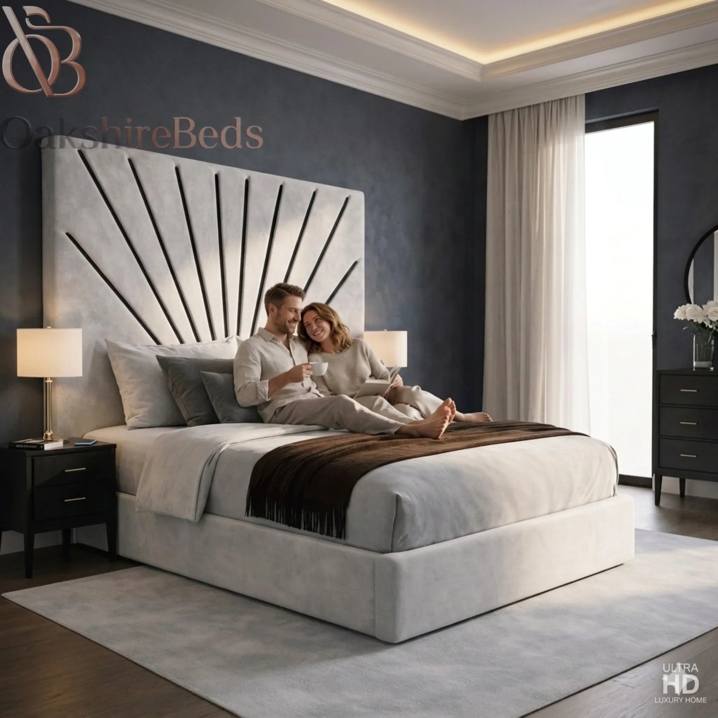 Modern Zofia black trim upholstered bed in luxury contemporary bedroom setting
